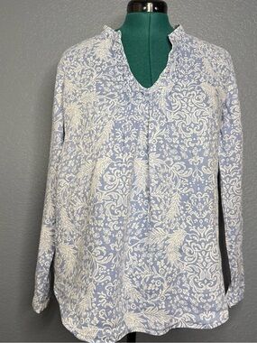 malvin Blue White Linen Blend Floral Blouse Relaxed Fit XL 100% Linen